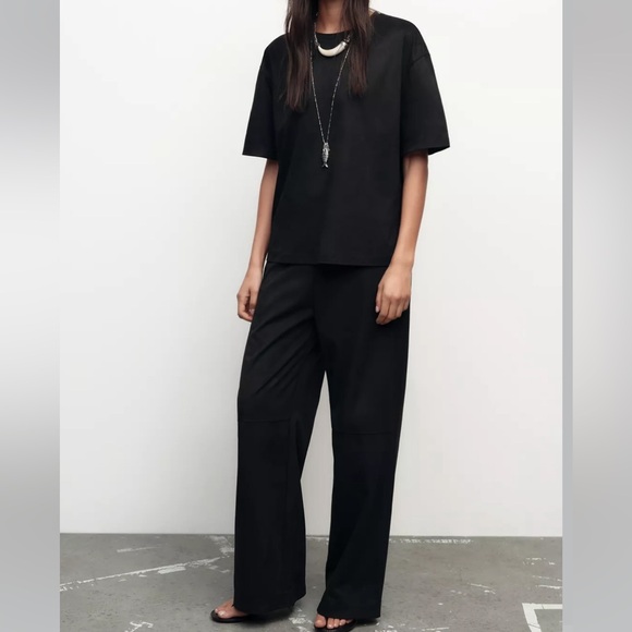 Zara NWT 2 piece matching SET black faux suede tee shirt & wide leg pants - Picture 5 of 15